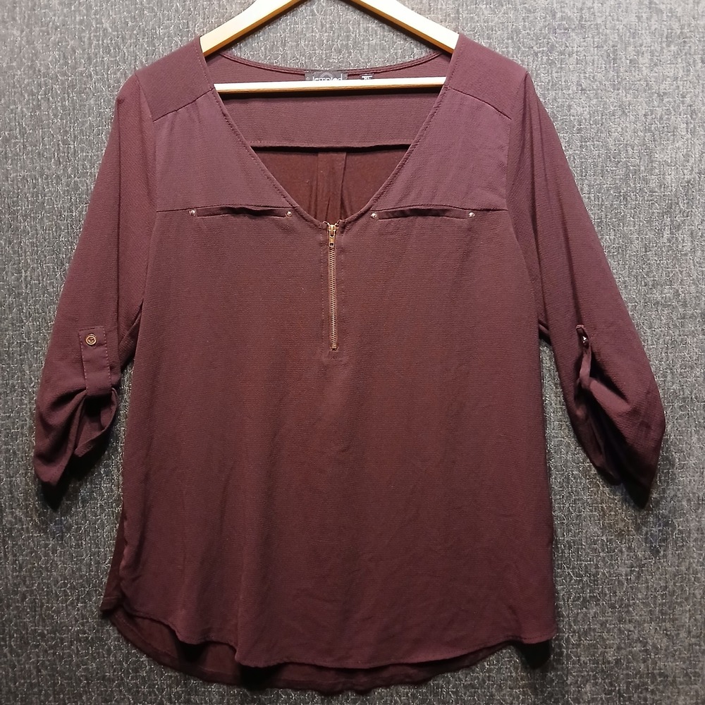 Tempted Womens XL Burgundy Zip Neck Roll Tab 3/4 Sleeve Blouse
